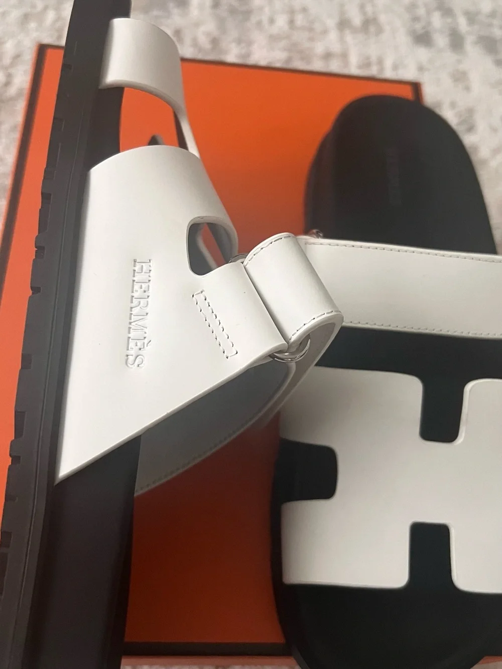Hermes White and Black Chypre Leather Slide Sandals